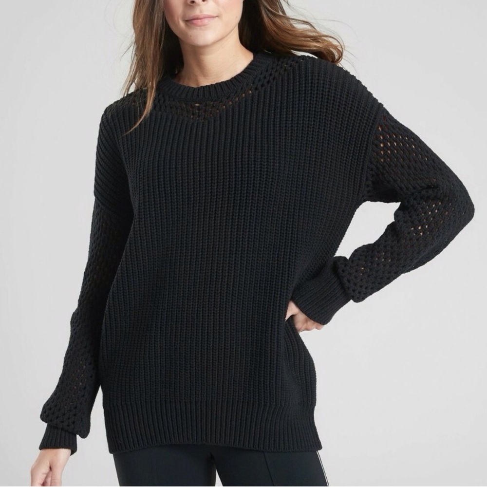 Athleta Women XS Black Knit Relaxed Fit Crew Neck Mesh Volume Sleeve Sweater